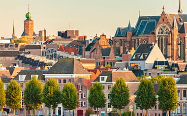 Dutch houses and church in the city of Nijmegen